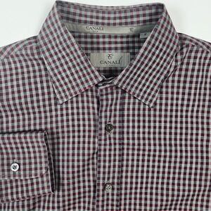 Canali Mens Medium M Burgundy Red Gray Gingham Check Button Up Shirt Career
